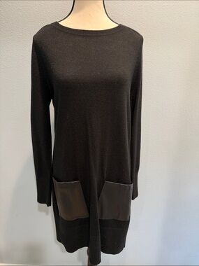 DKNY Black Knit Sweater dress with faux leather